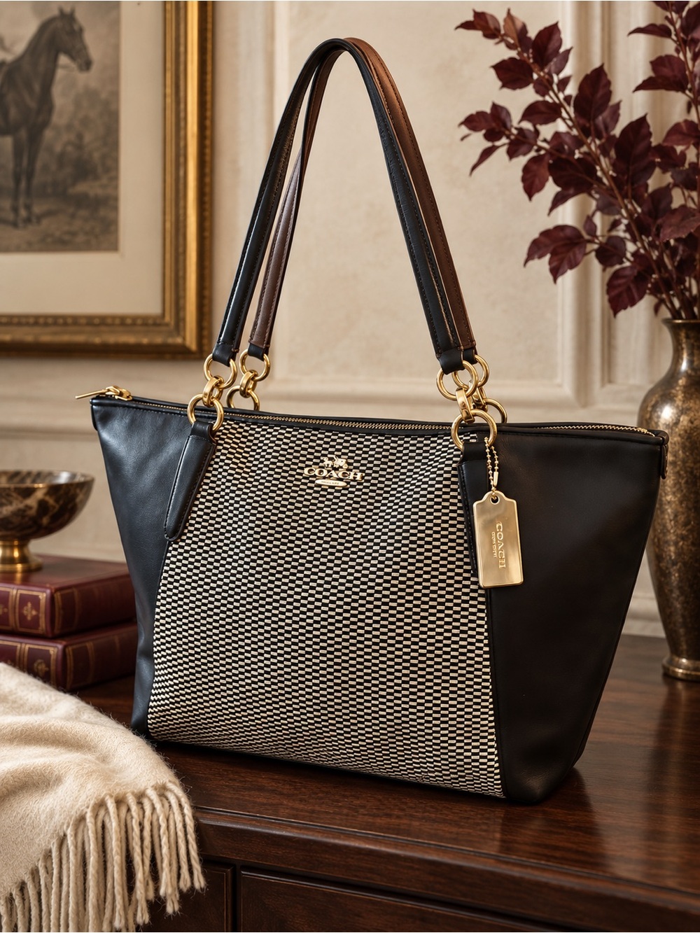 Coach Ava Exploded Reps Legacy Jacquard Tote Black Cream Leather F57246
